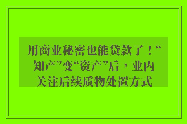 用商业秘密也能贷款了！“知产”变“资产”后，业内关注后续质物处置方式