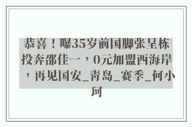 恭喜！曝35岁前国脚张呈栋投奔邵佳一，0元加盟西海岸，再见国安_青岛_赛季_何小珂